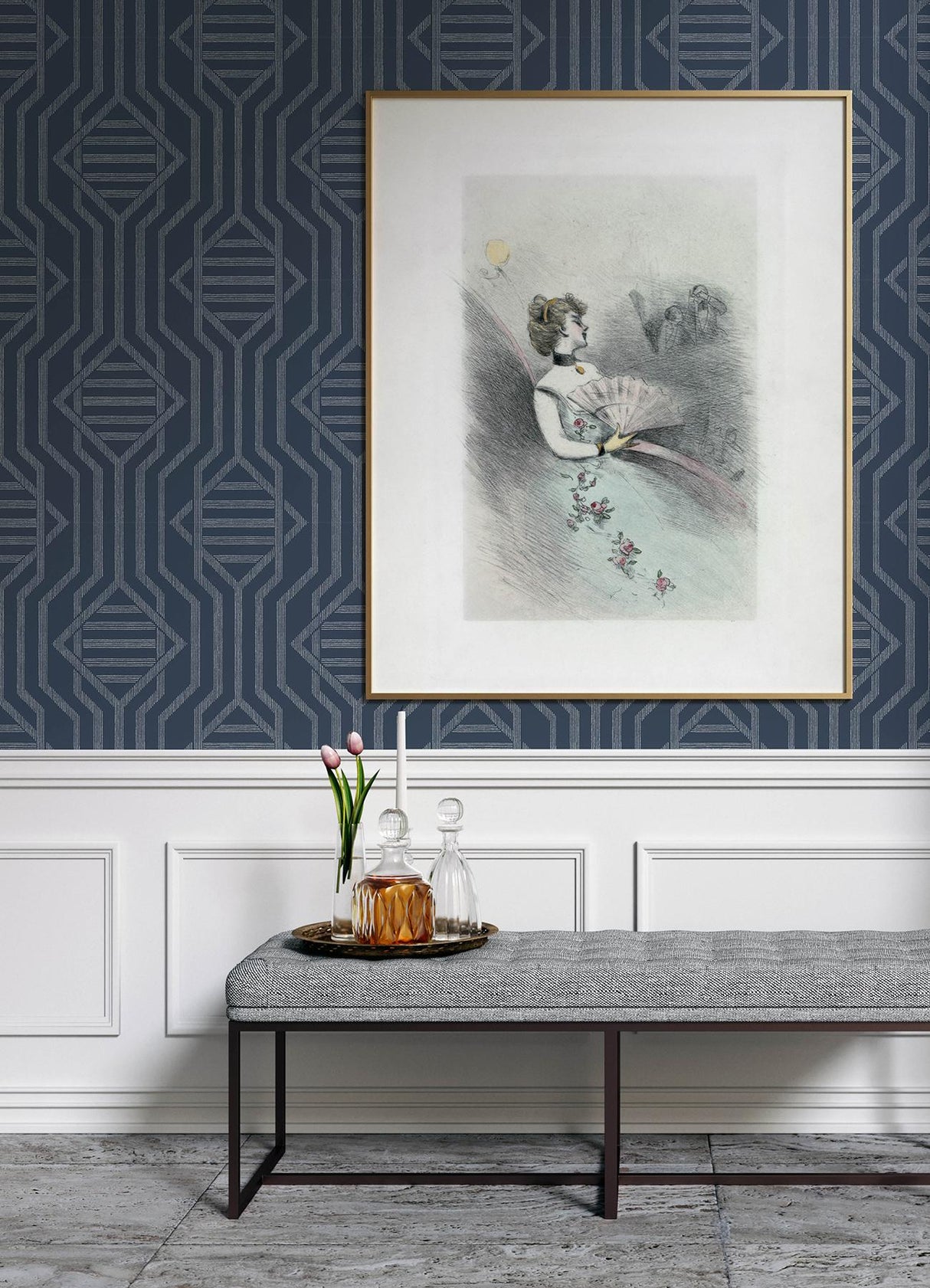A-Street Prints Haberdashery Essex Navy Wallpaper