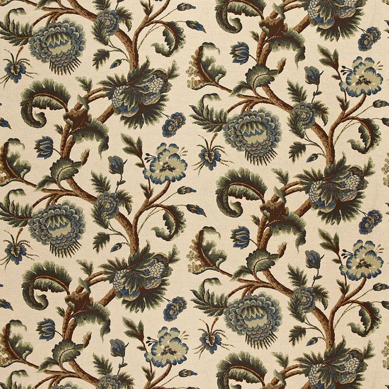 Schumacher Jacobean Printed Crewel Multi Blues Wood Tones Fabric