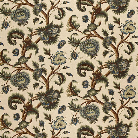 Schumacher Jacobean Printed Crewel Multi Blues Wood Tones Fabric