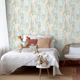 Veer Decor Serene Meadow Aqua Blue and Green on White Ground Wallpaper