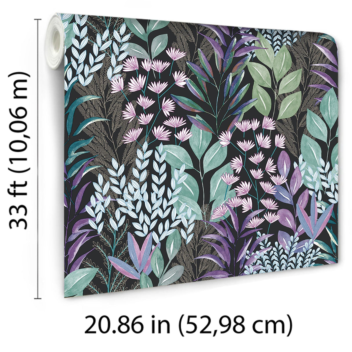 Veer Decor Serene Meadow Green and Purple on Black Ground Wallpaper
