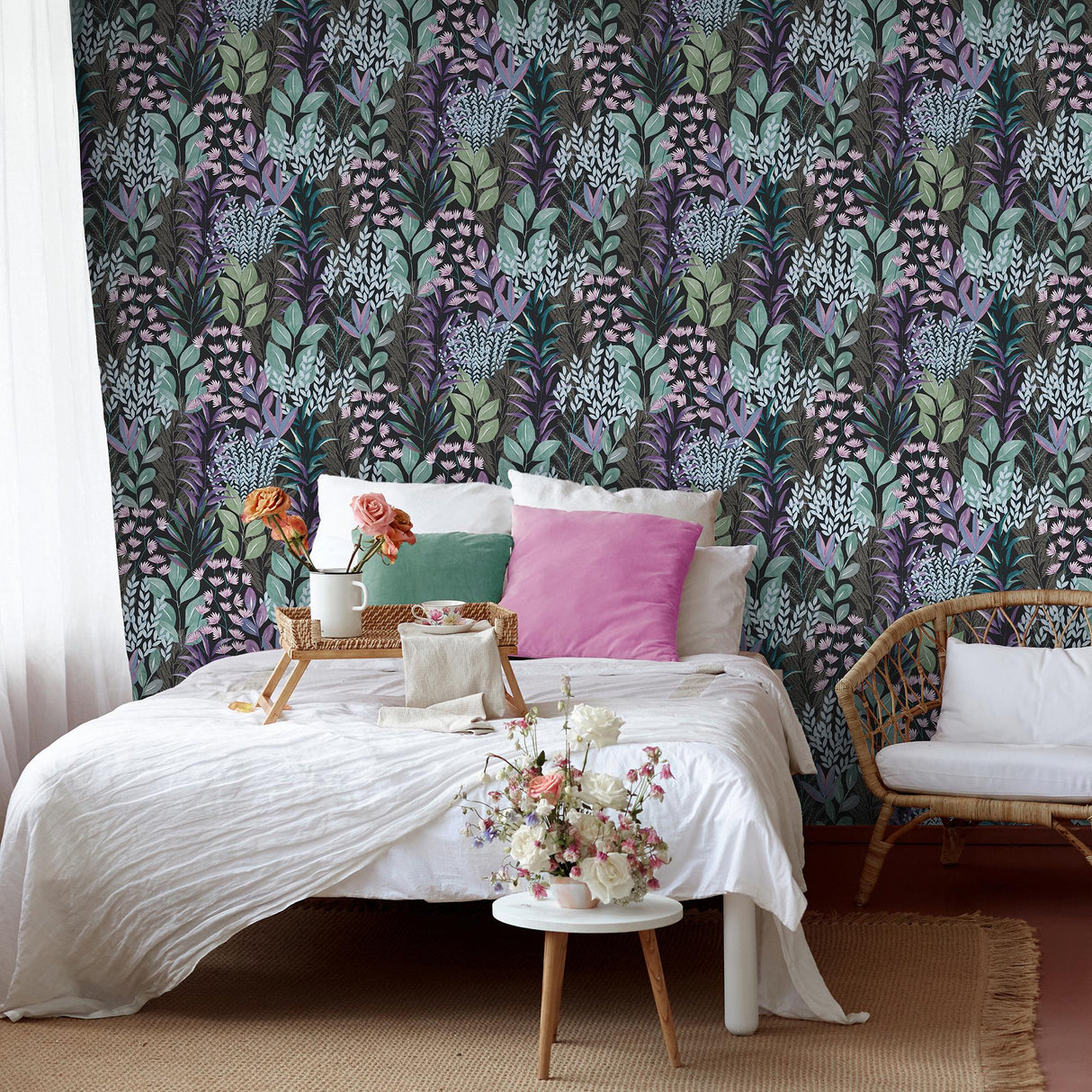 Veer Decor Serene Meadow Green and Purple on Black Ground Wallpaper