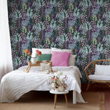 Veer Decor Serene Meadow Green and Purple on Black Ground Wallpaper