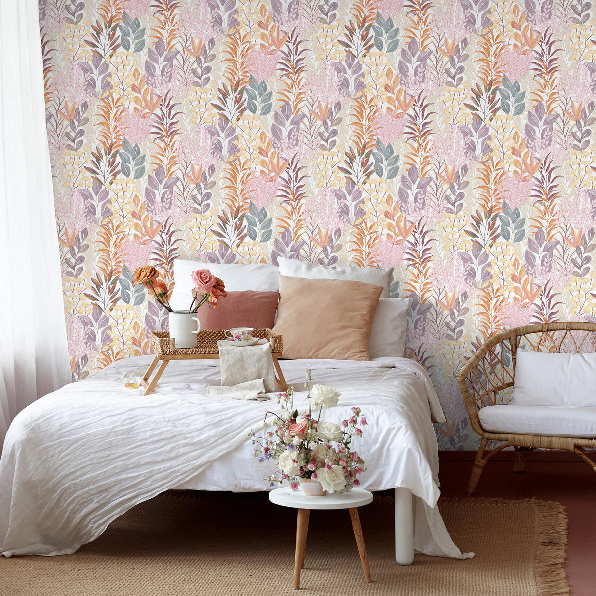 Veer Decor Serene Meadow Orange and Purple on White Ground Wallpaper