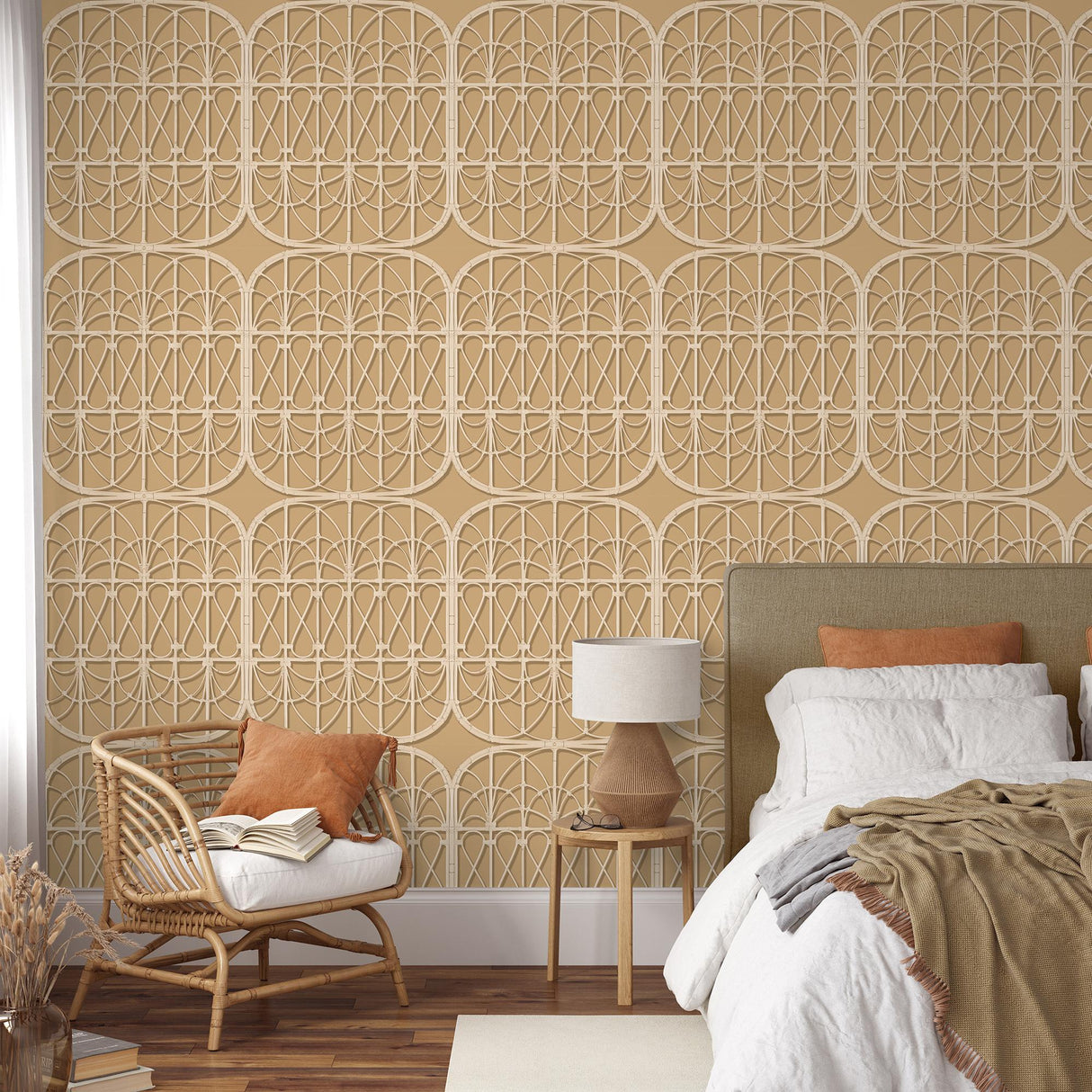 DecoratorsBest Lattice Rattan Panels Mustard Wallpaper