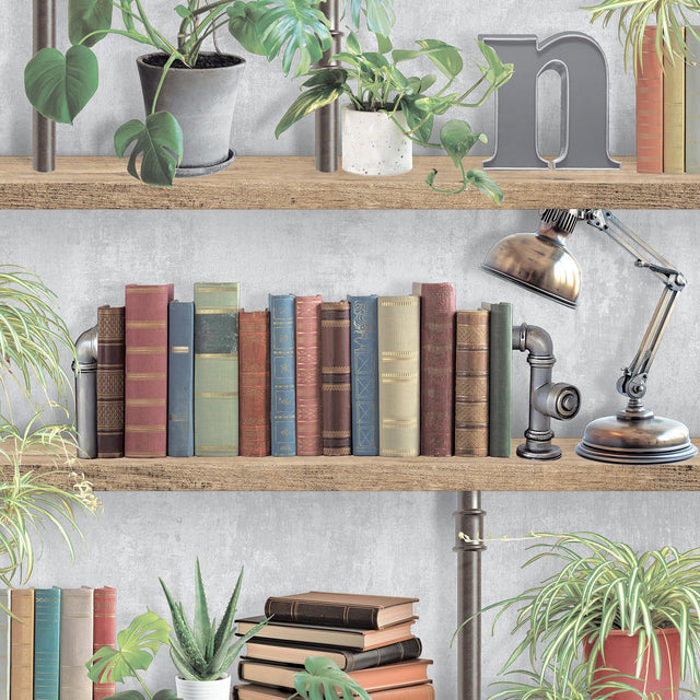 DecoratorsBest Industrial Book Nook Grey Wallpaper