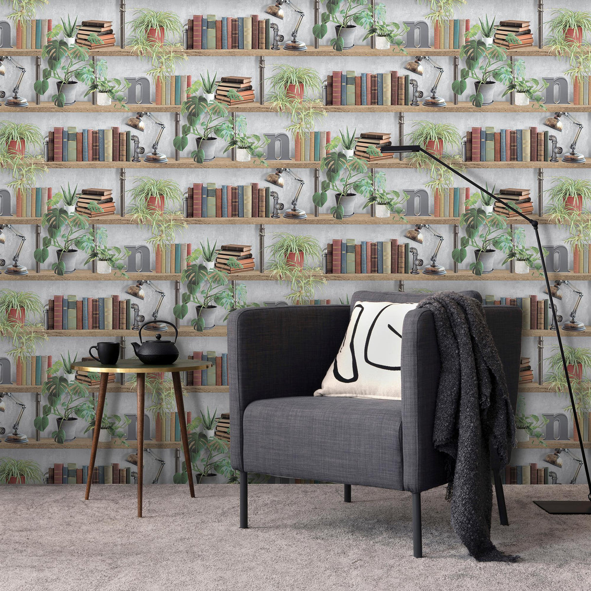 DecoratorsBest Industrial Book Nook Grey Wallpaper
