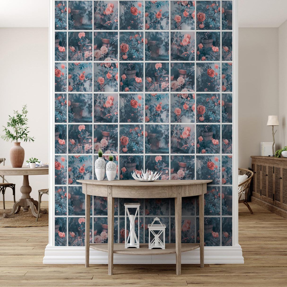 DecoratorsBest Rose Garden Window Trompe L'Oeil Blue Wallpaper