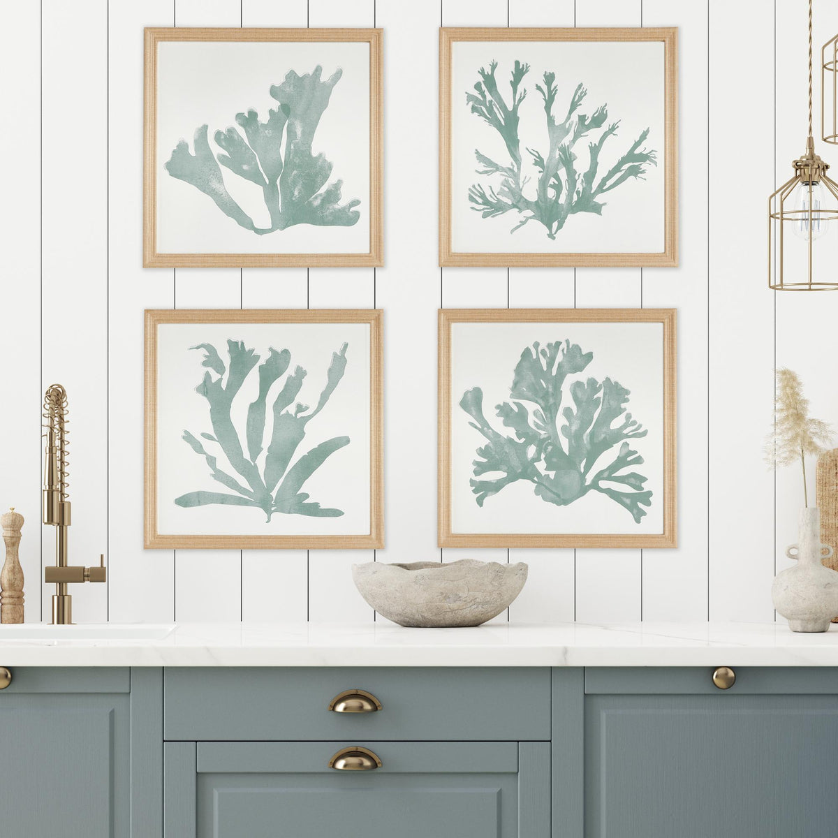 Napa FabricWrapped Frame CORAL SILHOUETTES IN SOFT GREEN, SET OF 4