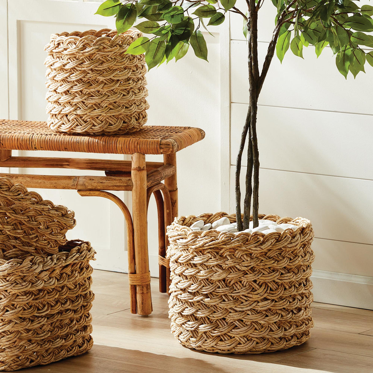 Napa Natural ABACA FRENCH BRAID STORAGE BASKETS ROUND, SET OF 2
