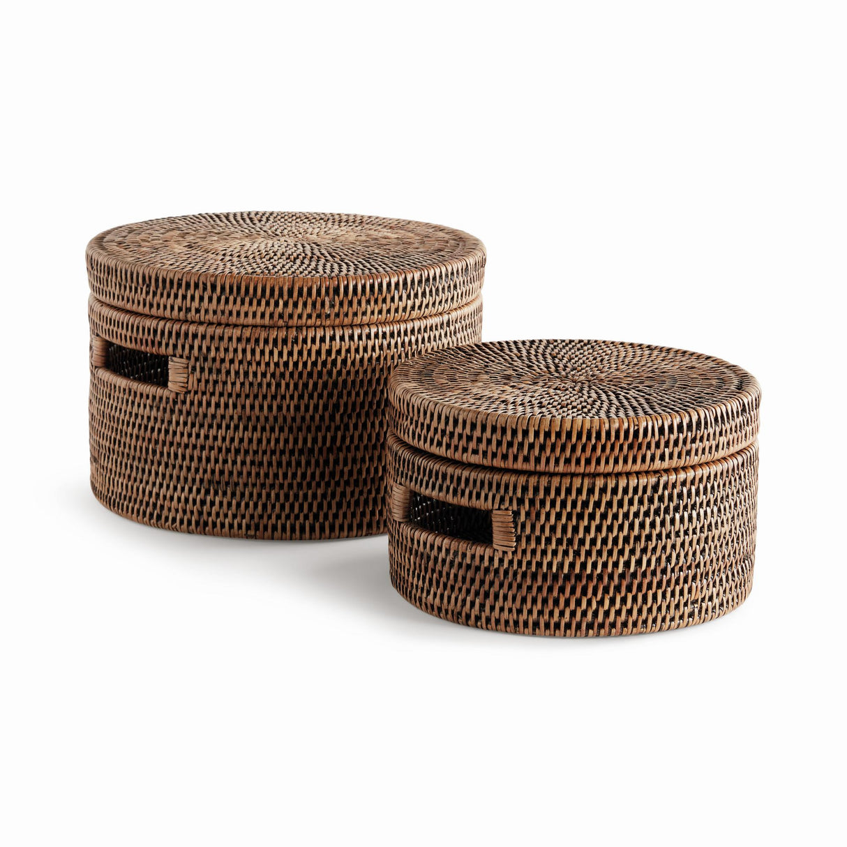 Napa Warm Brown BURMA RATTAN ROUND LIDDED BOXES, SET OF 2
