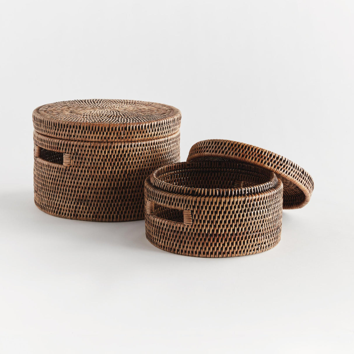 Napa Warm Brown BURMA RATTAN ROUND LIDDED BOXES, SET OF 2