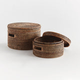 Napa Warm Brown BURMA RATTAN ROUND LIDDED BOXES, SET OF 2