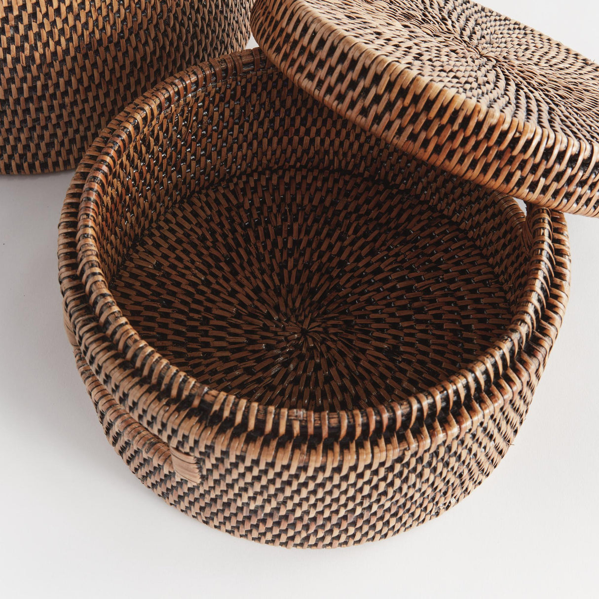 Napa Warm Brown BURMA RATTAN ROUND LIDDED BOXES, SET OF 2