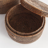 Napa Warm Brown BURMA RATTAN ROUND LIDDED BOXES, SET OF 2