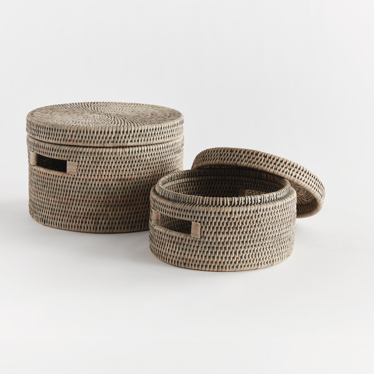 Napa Graywash BURMA RATTAN ROUND LIDDED BOXES, SET OF 2