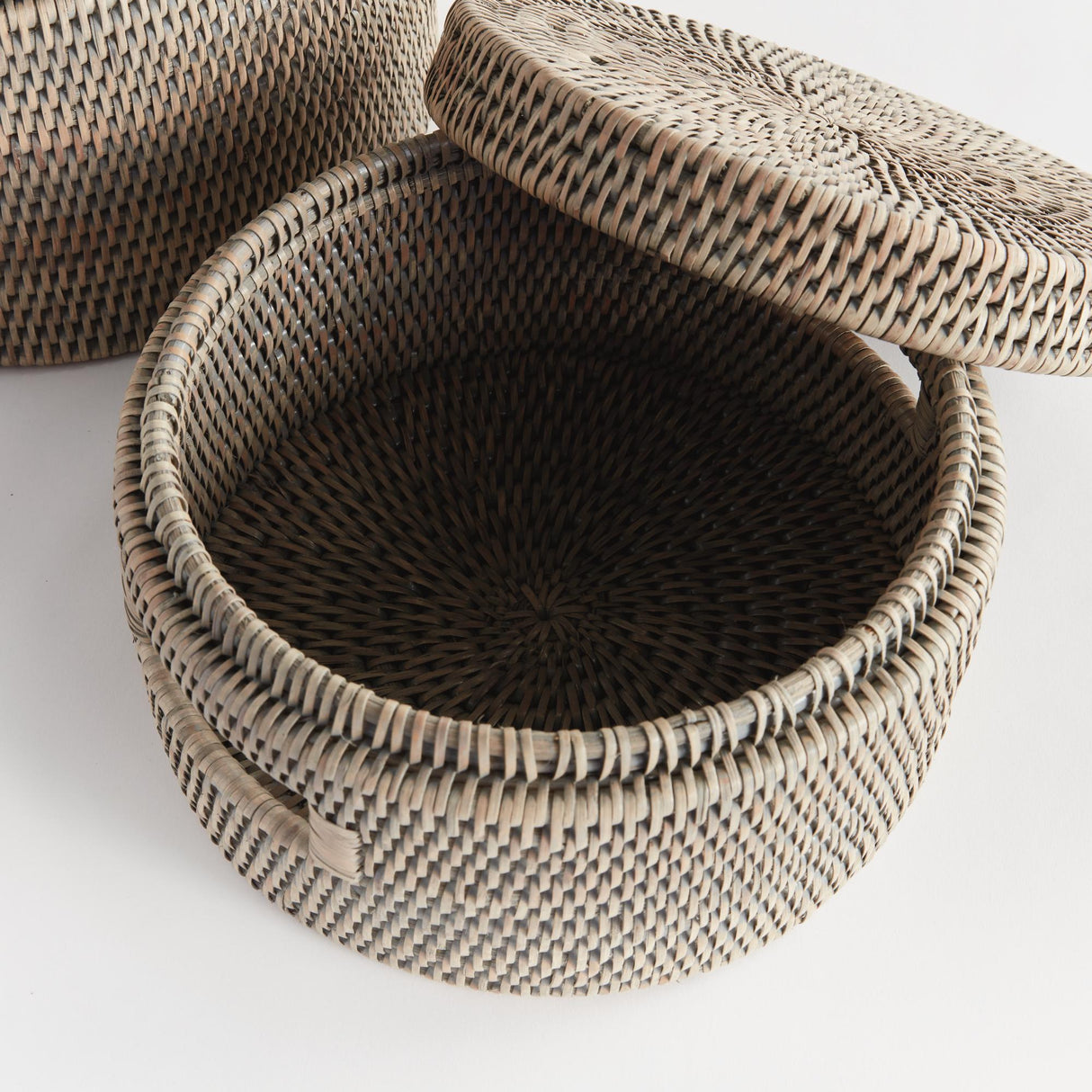 Napa Graywash BURMA RATTAN ROUND LIDDED BOXES, SET OF 2