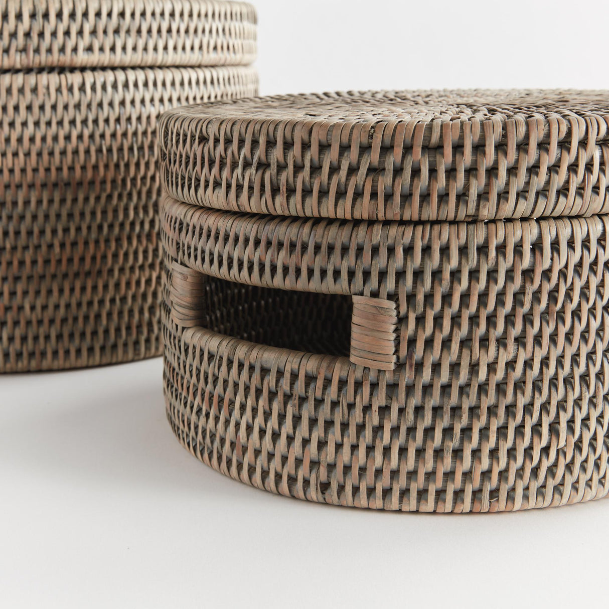 Napa Graywash BURMA RATTAN ROUND LIDDED BOXES, SET OF 2