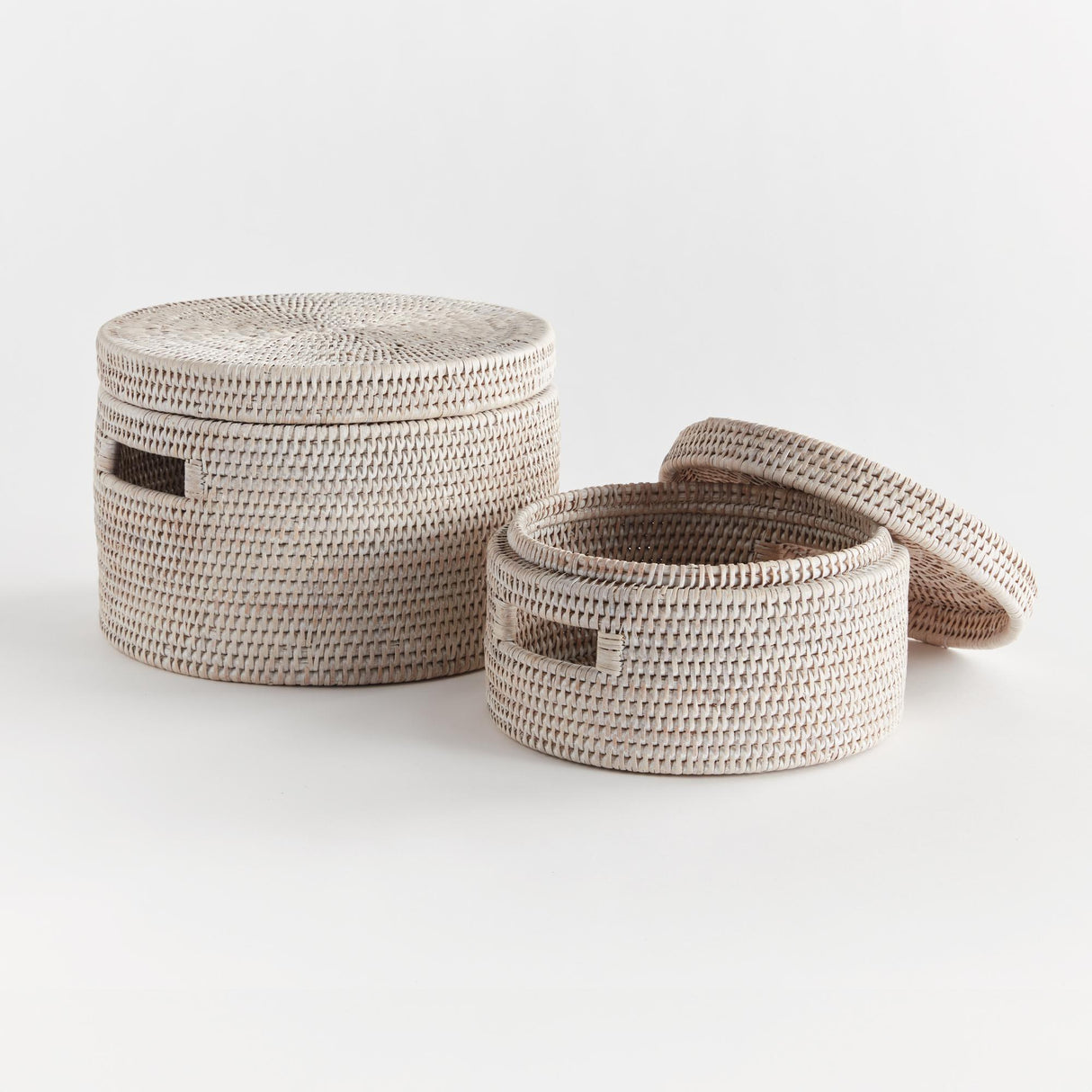 Napa Whitewash BURMA RATTAN ROUND LIDDED BOXES, SET OF 2