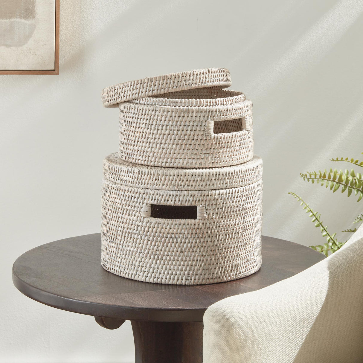 Napa Whitewash BURMA RATTAN ROUND LIDDED BOXES, SET OF 2