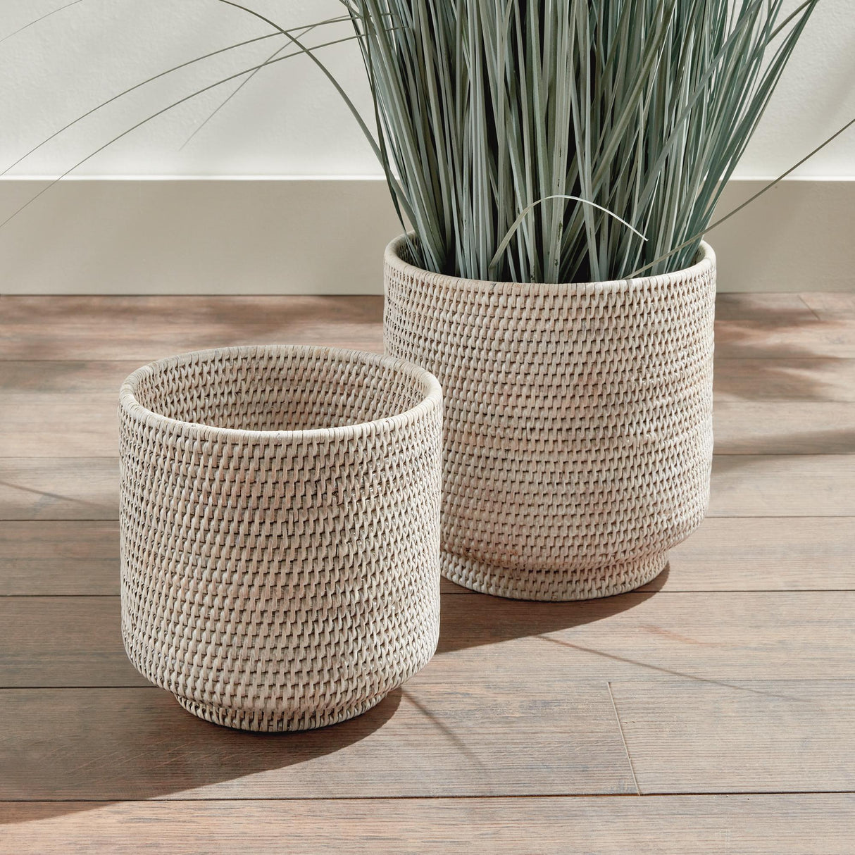 Napa Whitewash BURMA RATTAN CACHEPOTS LARGE, SET OF 2