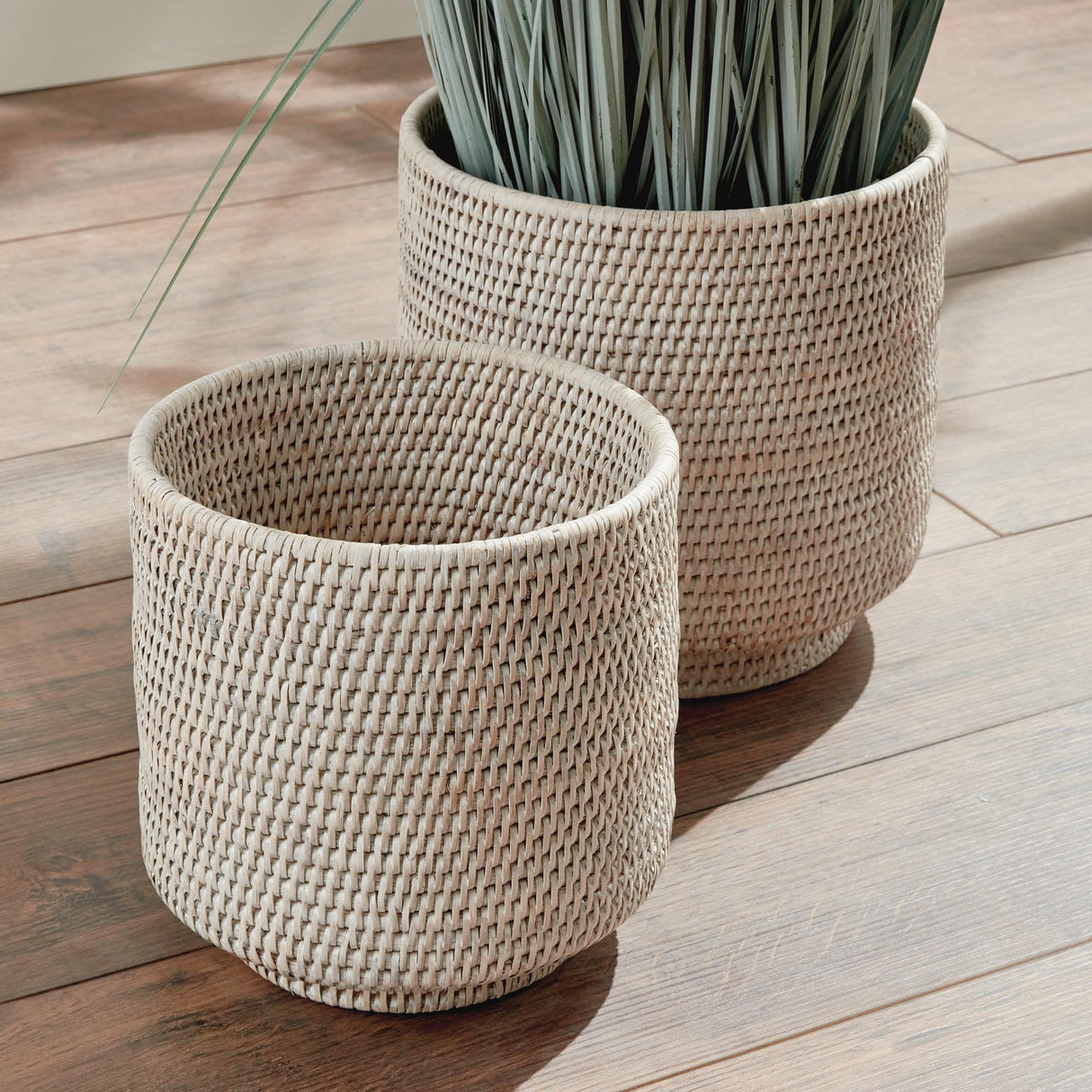 Napa Whitewash BURMA RATTAN CACHEPOTS LARGE, SET OF 2