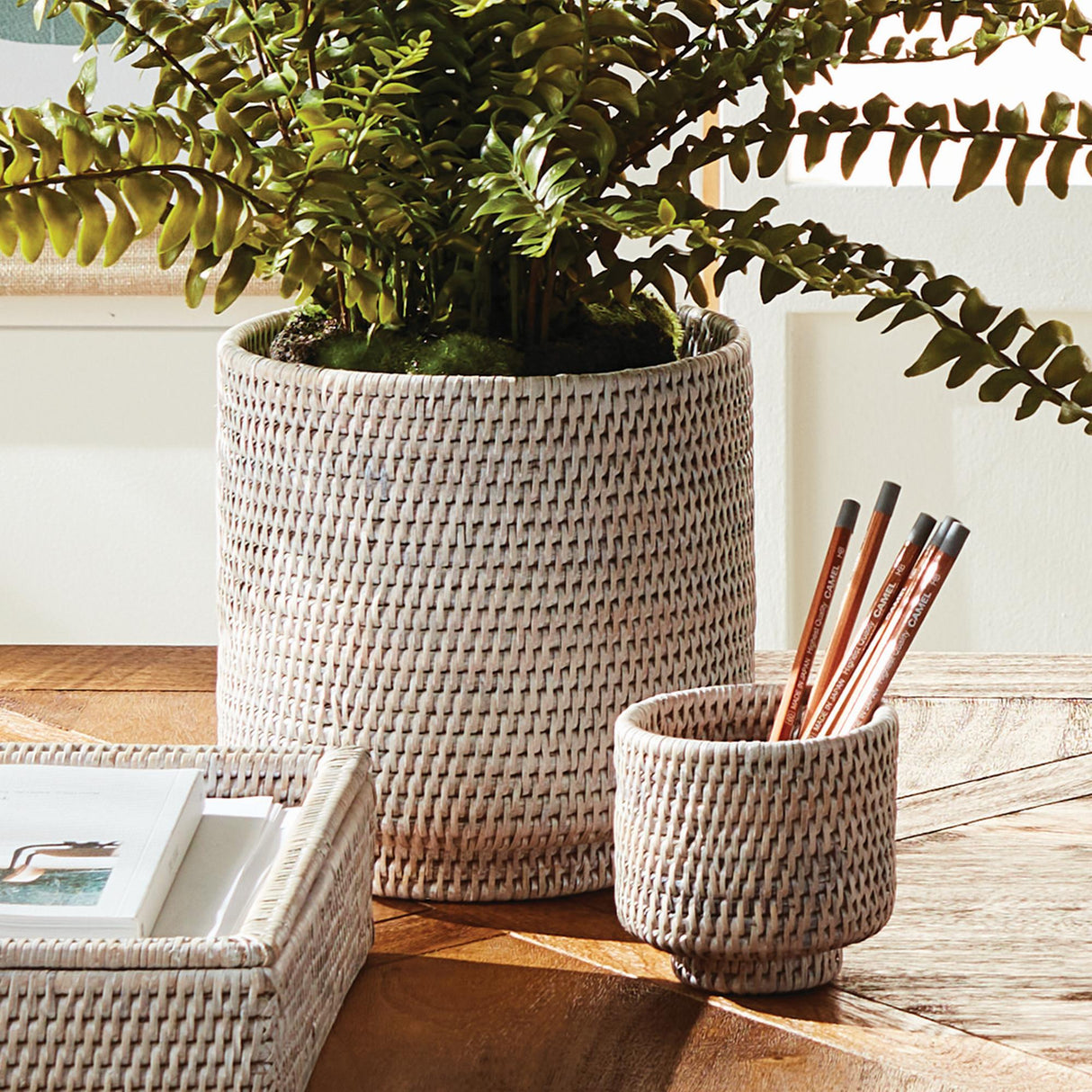 Napa Whitewash BURMA RATTAN CACHEPOTS SMALL, SET OF 2