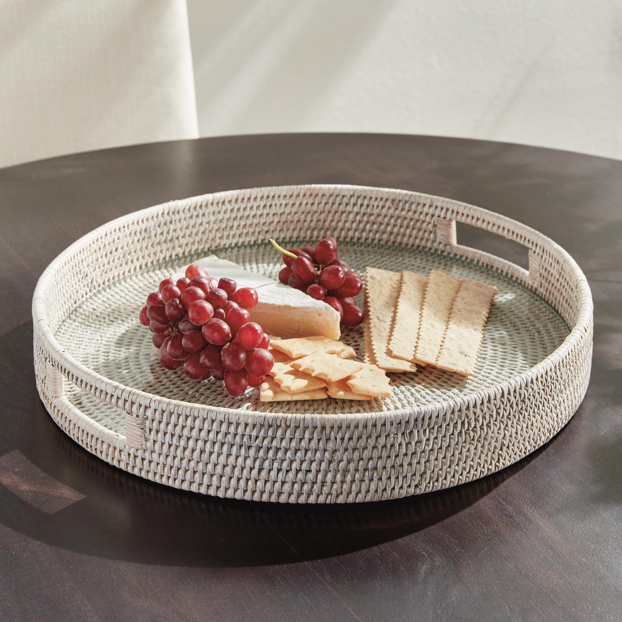 Napa Whitewash BURMA RATTAN ROUND SERVING TRAY LARGE