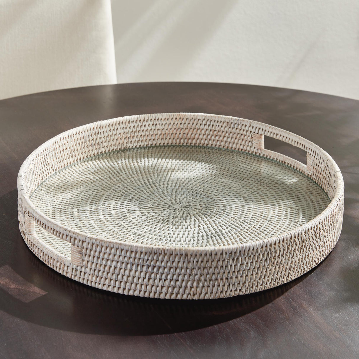 Napa Whitewash BURMA RATTAN ROUND SERVING TRAY LARGE