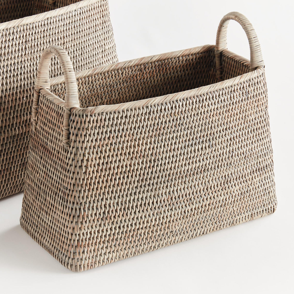 Napa Graywash BURMA RATTAN NARROW MAGAZINE BASKET, SET OF 2
