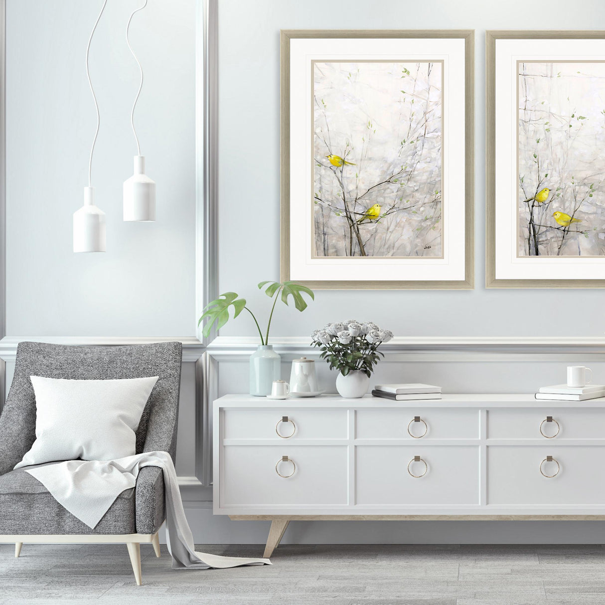Paragon Yellow Birds in Trees I Gray 48 X 36 X 2 Wall Art