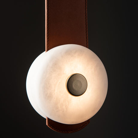 Hubbardton Forge 2025 Modern Brass Chestnut Leather Alabaster SNAPS Small LED Pendant