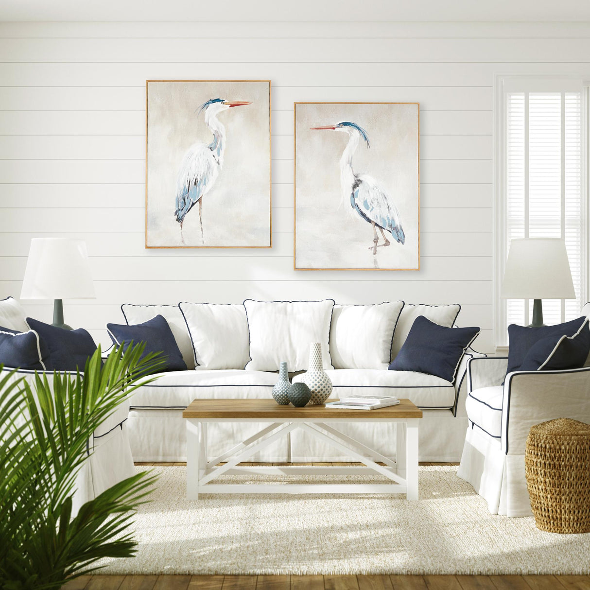 Napa Wrapped canvas, real walnut frame, handpainted details HERON PAIR HAND-EMBELLISHED GICLEES, SET OF 2
