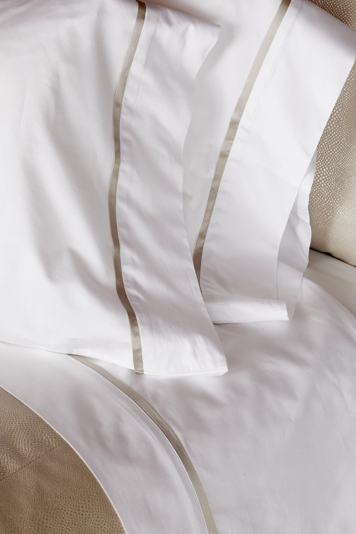 Ann Gish White Sand king Silk Trim Sheet Set