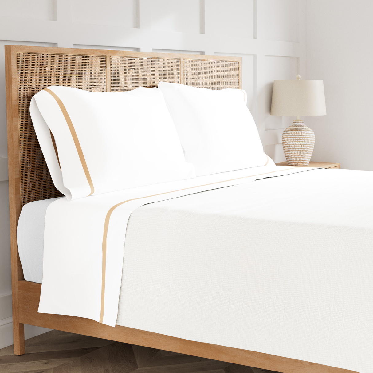 Ann Gish White/Taupe King Ready-to-Bed 2.0 Cotton & Trim Sheet Set