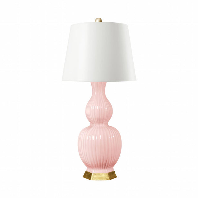 Villa & House Peony Pink Delft Lamp with Shade 16-inch White Linen, with Gold