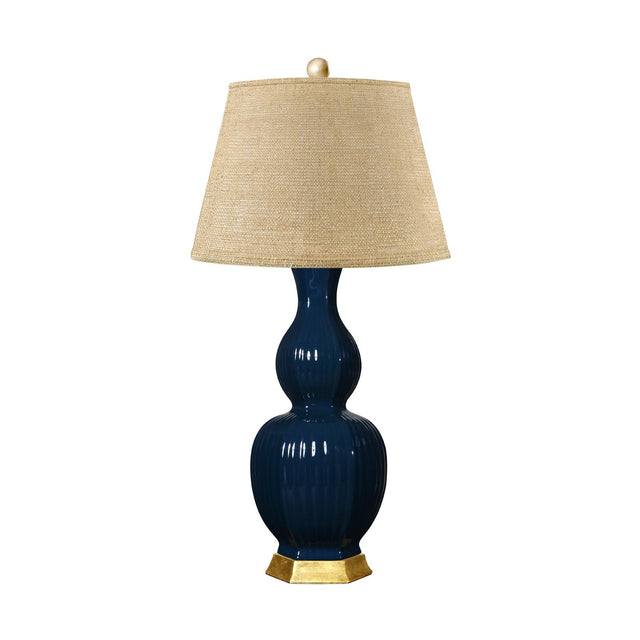 Villa & House Navy Blue Delft Lamp with Shade 16-inch White Linen, with Gold