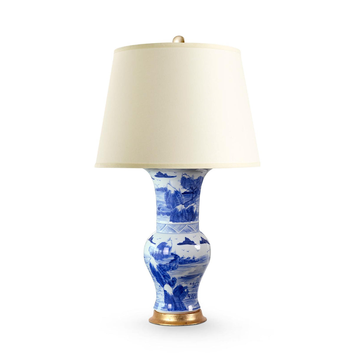 Villa & House Blue and White Pavillion Lamp with Shade 16-inch White Linen, with Gold