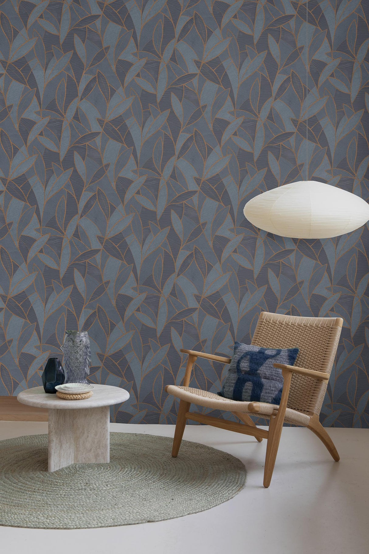 Veer Decor Carved Leaf Dark Blue Wallpaper