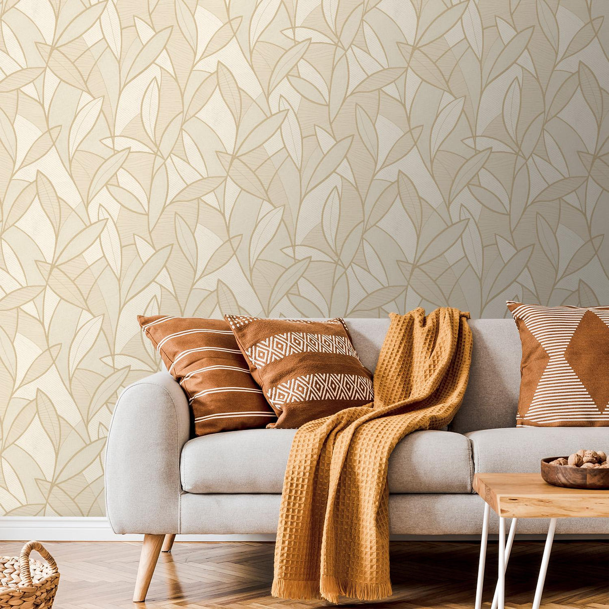 Veer Decor Carved Leaf Beige Wallpaper