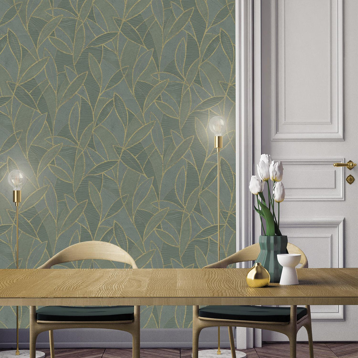 Veer Decor Carved Leaf Dark Moss Wallpaper
