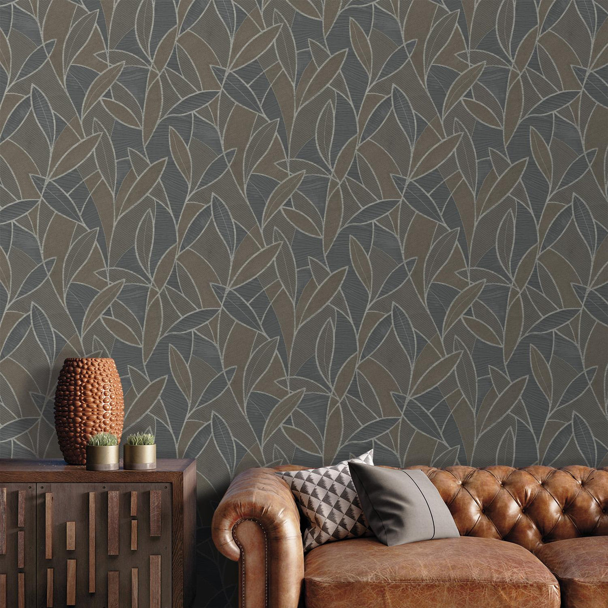 Veer Decor Carved Leaf Graphite Wallpaper
