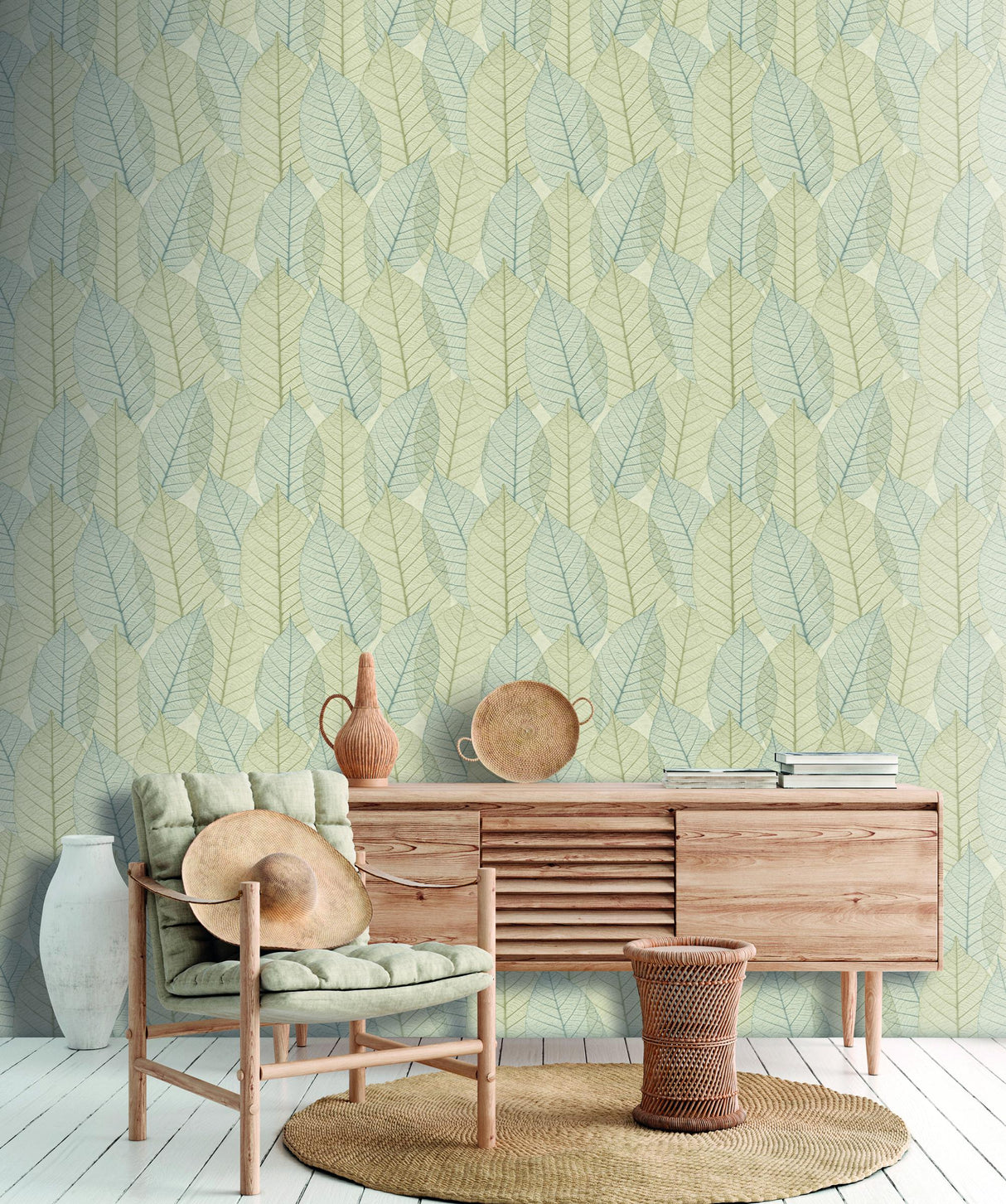 Veer Decor Leaf Lace Blue Beige Wallpaper