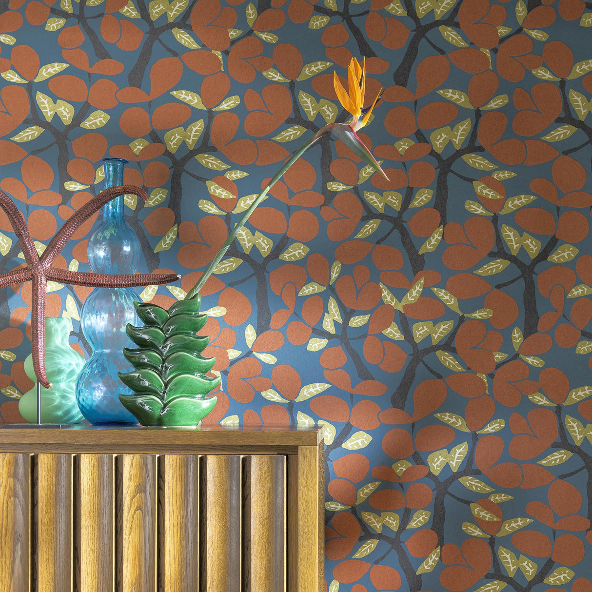 Veer Decor Janneiro Botanica Blue and Orange Wallpaper