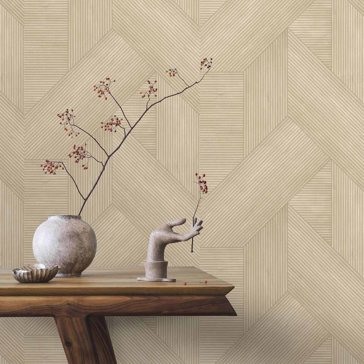 Veer Decor Sculpted Chevron Wood Panels Beige Wallpaper