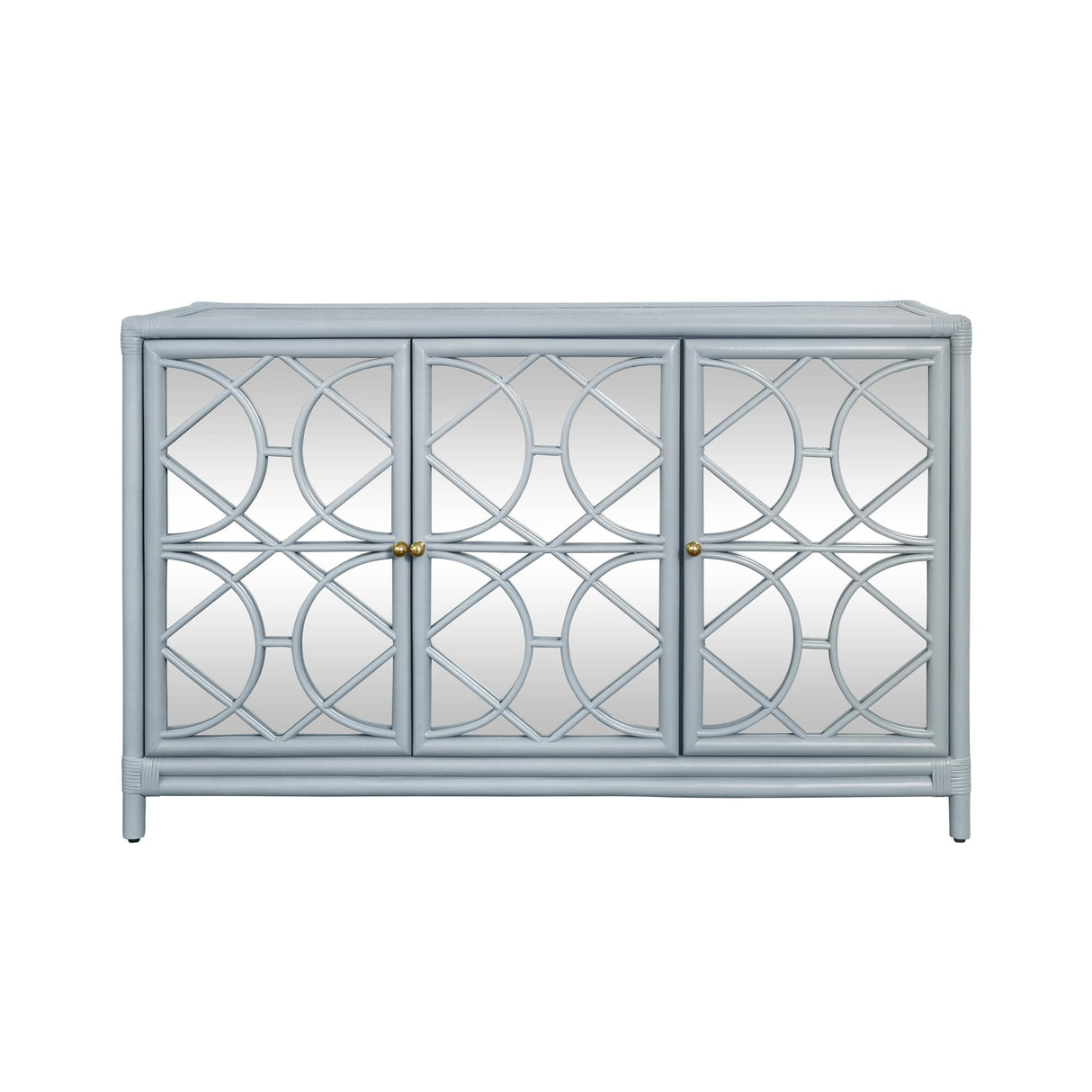 Worlds Away Three Door Decorative Mirror Front Buffet In Rattan Painted Light Blue