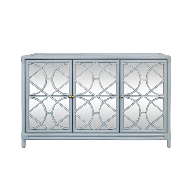 Worlds Away Three Door Decorative Mirror Front Buffet In Rattan Painted Light Blue