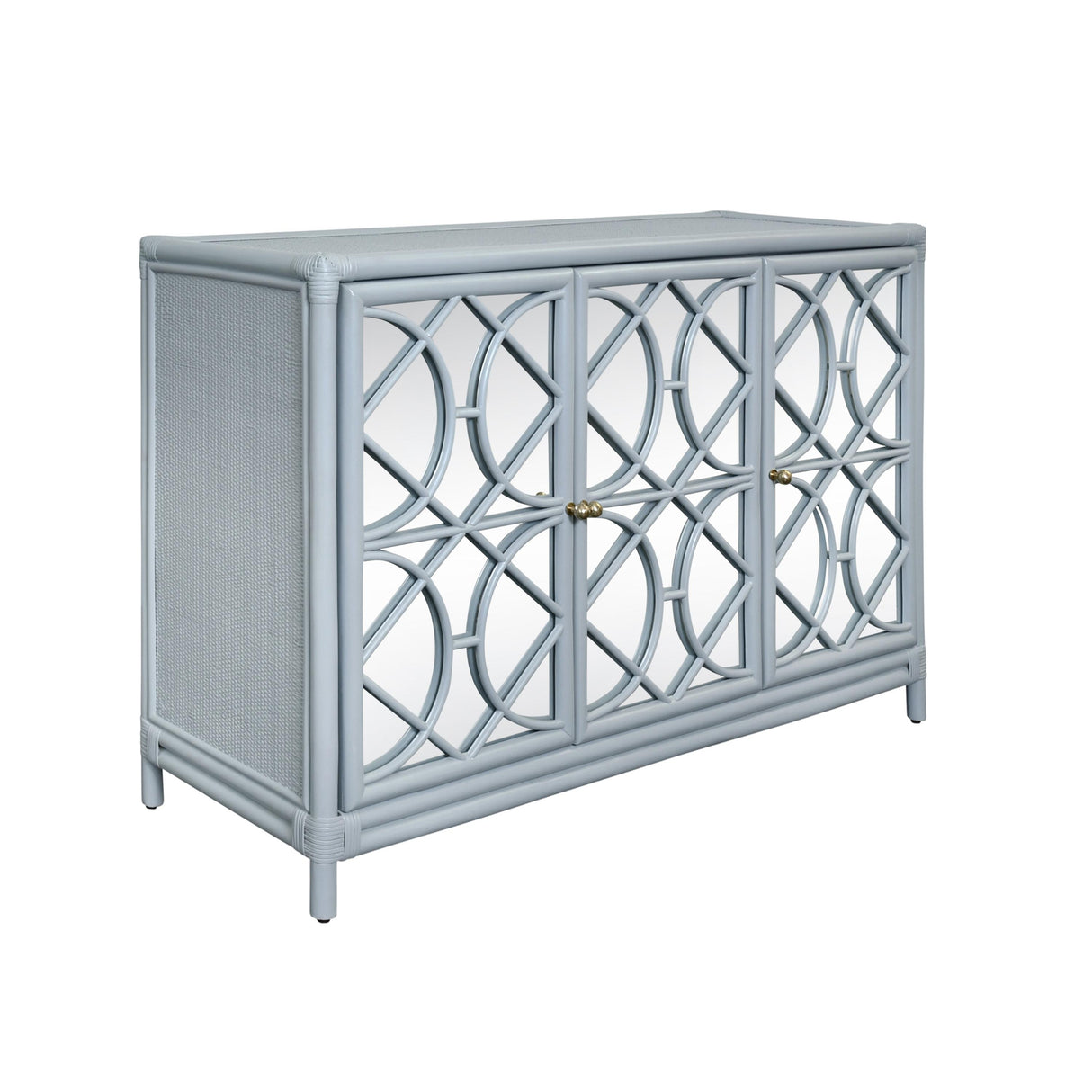 Worlds Away Three Door Decorative Mirror Front Buffet In Rattan Painted Light Blue