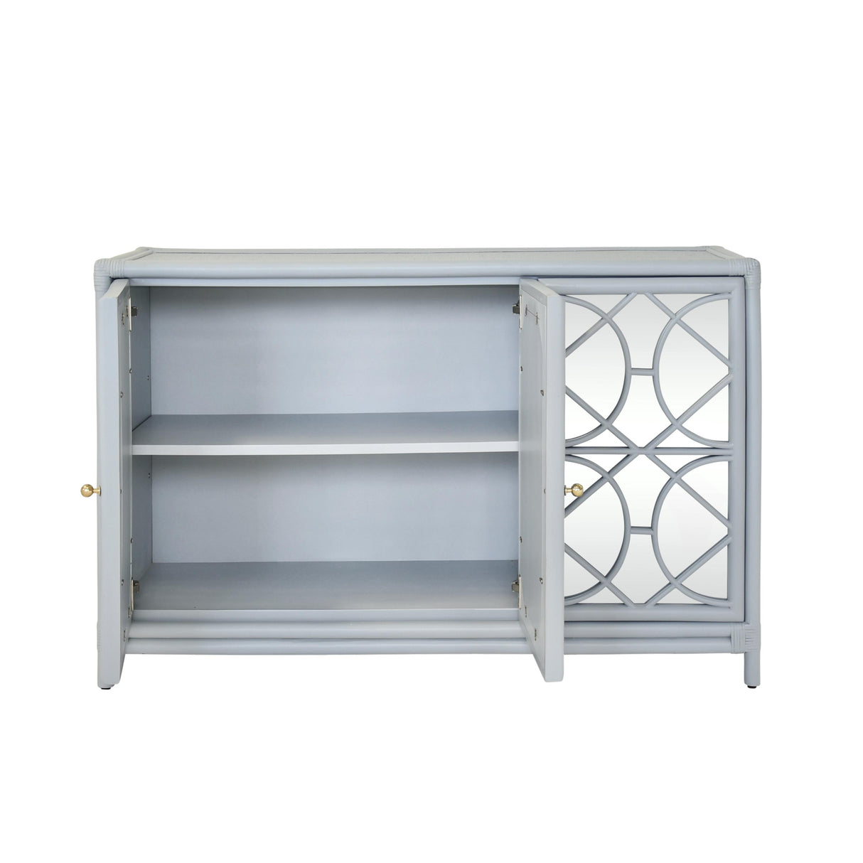 Worlds Away Three Door Decorative Mirror Front Buffet In Rattan Painted Light Blue