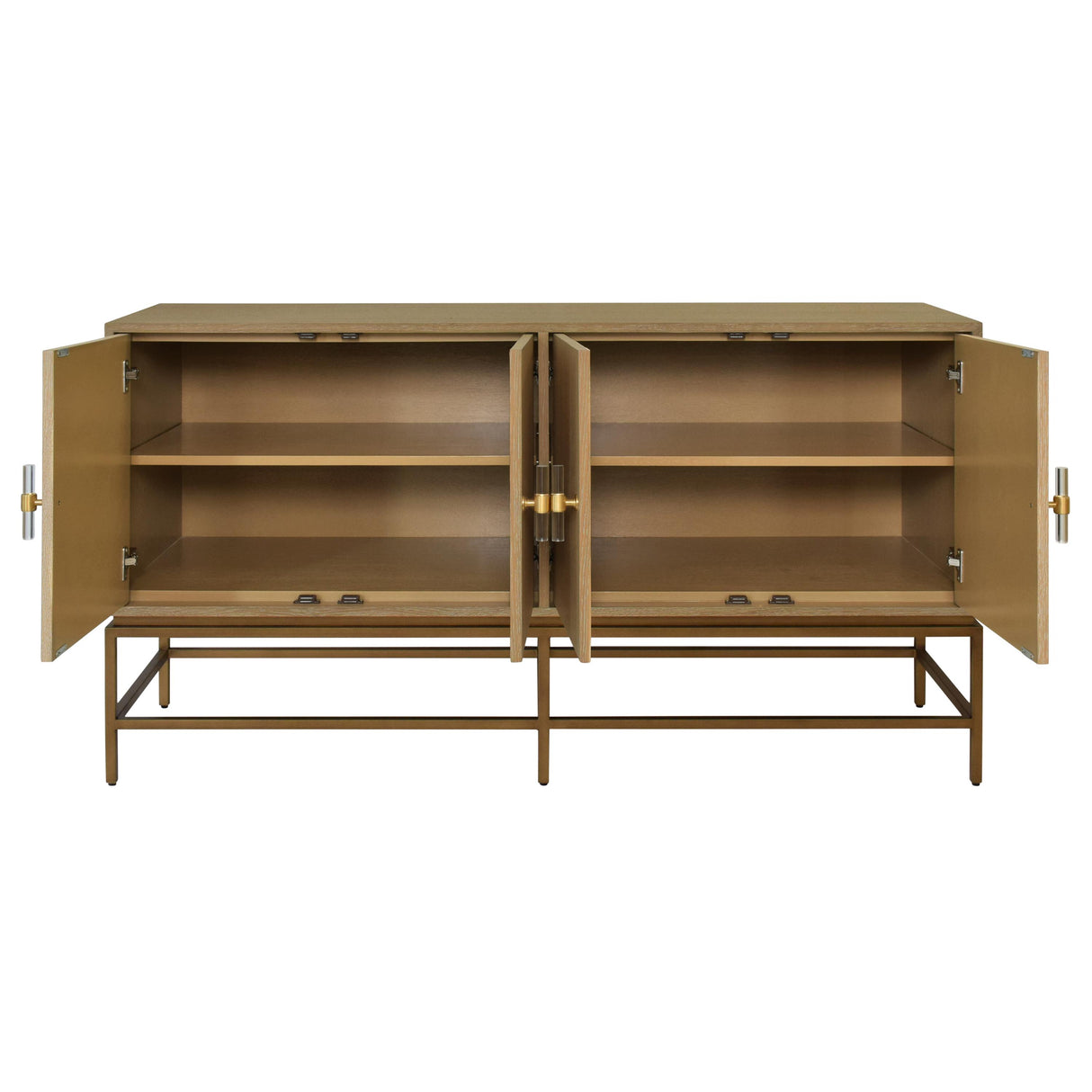Worlds Away Four Door Buffet With Antique Brass Metal Base In Cerused Oak